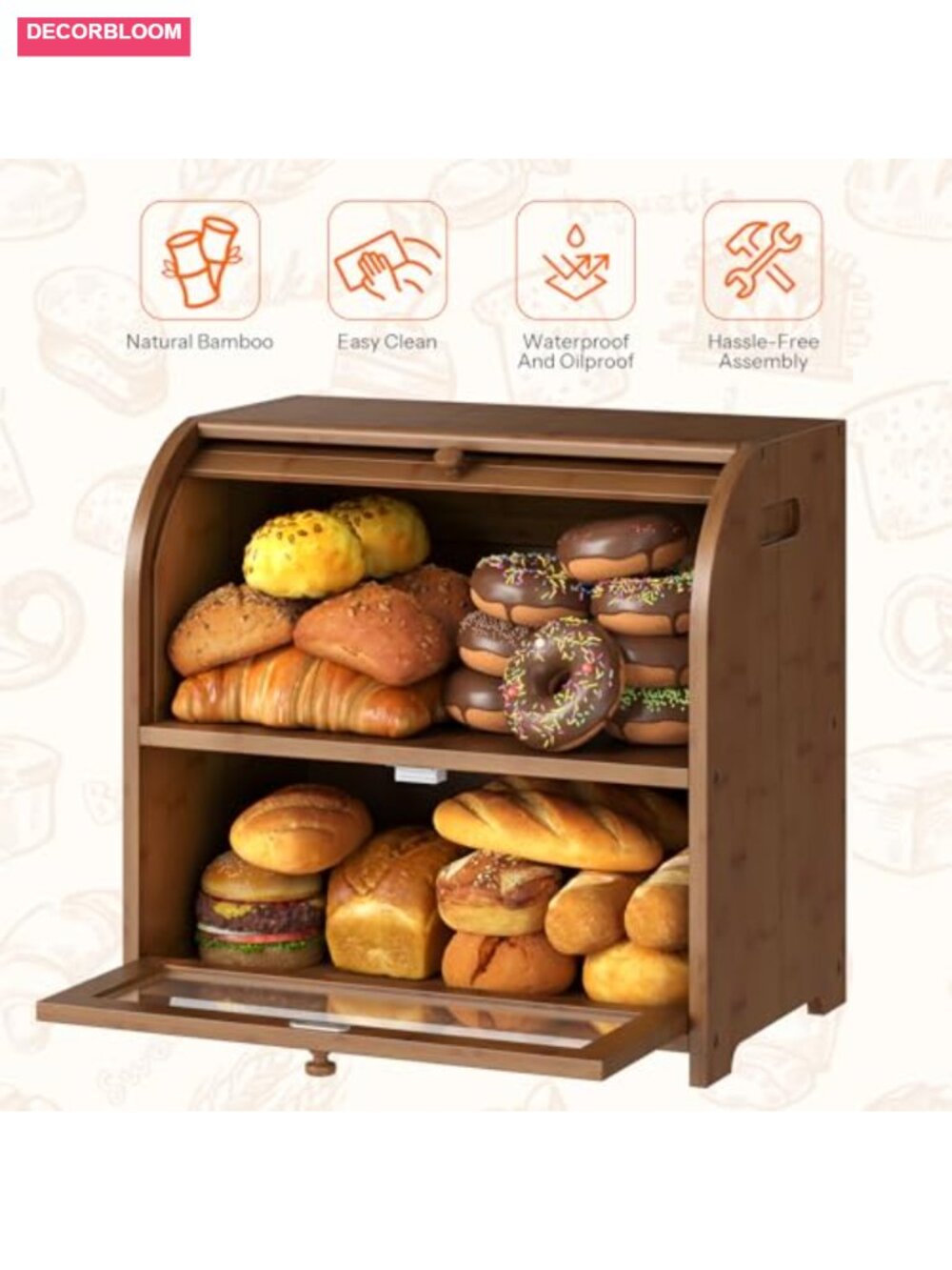 Bamboo 2-Tier Roll-Top Bread Box Storage for Kitchen Countertop - Picture 3 of 6
